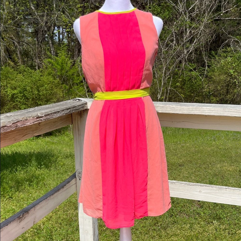 Bright Neon Colorblock Sleeveless Waist tie Pleated Mini Dress From LOFT Size 6
